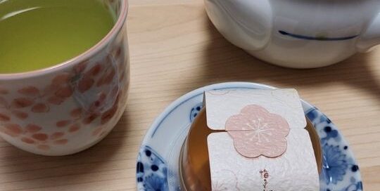 Japanischer Grüner Tee mit japanischen Süßigkeiten als Nachmittags-Snack.