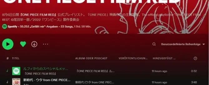 Seit ein paar Tagen gibt es auf Spotify die neue Playlist von dem neuen Film zu der japanischen Anime Serie One Piece.