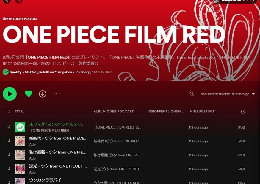 Seit ein paar Tagen gibt es auf Spotify die neue Playlist von dem neuen Film zu der japanischen Anime Serie One Piece.