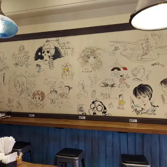 Ich war heute im internationalen Mangamuseum in Kyoto. Leider darf man innen nicht fotografieren, aber im Café nebenan haben sich viele Künstler verewigt - und da darf man fotografieren.