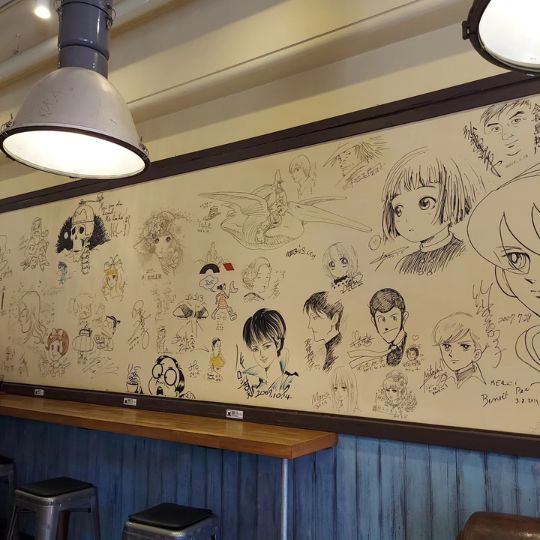 Ich war heute im internationalen Mangamuseum in Kyoto. Leider darf man innen nicht fotografieren, aber im Café nebenan haben sich viele Künstler verewigt - und da darf man fotografieren.