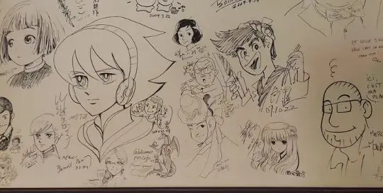 Ich war heute im internationalen Mangamuseum in Kyoto. Leider darf man innen nicht fotografieren, aber im Café nebenan haben sich viele Künstler verewigt - und da darf man fotografieren.