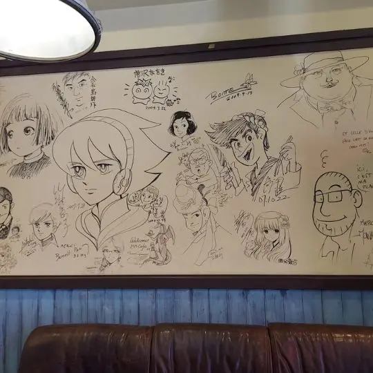 Ich war heute im internationalen Mangamuseum in Kyoto. Leider darf man innen nicht fotografieren, aber im Café nebenan haben sich viele Künstler verewigt - und da darf man fotografieren.