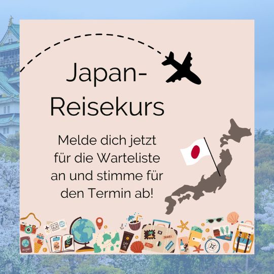 Dieses Angebot umfasst einen Videokurs zum Thema Japanreise und einen Live-Termin mit Manuela Sensei, in dem sie dir in ungefähr 3 1/2 Stunden alles näher bringt, was du für deine Reise benötigst.