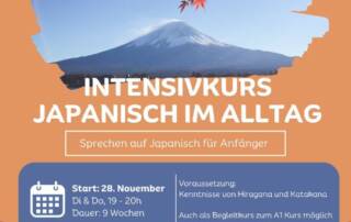 Du willst dich in Japan verständigen können? Dann ist dieser Kurs genau das Richtige für dich! Innerhalb von 9 Wochen helfen dir Conny-Sensei und Elli-Sensei dabei, Sprechhürden zu überwinden. Vorraussetzung: Du hast bereits Hiragana und Katakana gelernt!