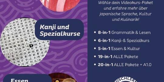 Es ist soweit, unsere beliebten Videokurs-Pakete sind zurück! Du möchtest deine Kenntnisse über die japanische Sprache, Kultur und Kulinarik vertiefen? Dann bist du hier richtig! Wähle dein Lieblingspaket aus und schon kann es losgehen.