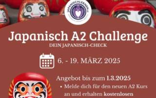 Sei mit dabei und bringe in 14 Tagen dein Japanisch auf Vordermann. Im Anschluss startet dann auch unser A2 Jahreskurs.