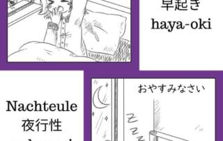 Bist du ein Frühaufsteher 早起き (haya-oki, Kanji für früh und aufstehen) oder eine Nachteule 夜行性 (yakousei Kanji für Nacht, gehen/durchführen und Natur/Geschlecht)?