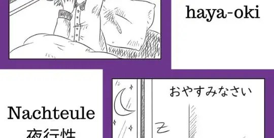 Bist du ein Frühaufsteher 早起き (haya-oki, Kanji für früh und aufstehen) oder eine Nachteule 夜行性 (yakousei Kanji für Nacht, gehen/durchführen und Natur/Geschlecht)?
