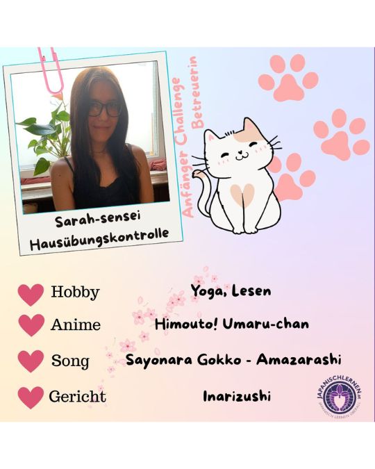 Die Anfänger Challenge startet bald und deshalb stellen wir dir alle Betreuerinnen und Sensei vor!
Heute am Start: Sarah-sensei!