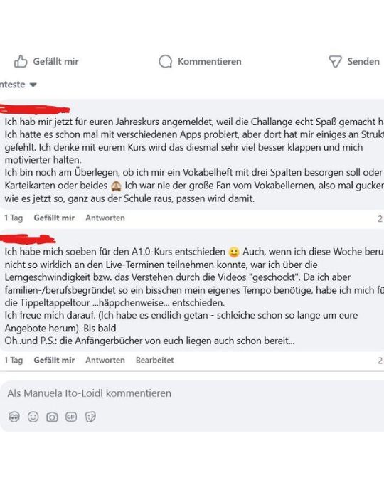 Ein paar Kundenstimmen zu dem Anfängerkurs - ich bin sehr dankbar, für euer Feedback.