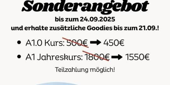 Mein Sonderangebot für dich: Am 29. September startet der neue A1 Jahreskurs, der Anfängerkurs, mit Conny-sensei.