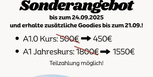 Mein Sonderangebot für dich: Am 29. September startet der neue A1 Jahreskurs, der Anfängerkurs, mit Conny-sensei.