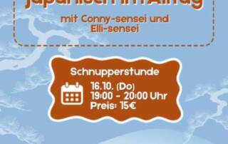 Flüssig(er) Japanisch sprechen? Dann notier dir den 16.10.: Schnupperstunde für den Kurs "Japanisch im Alltag" mit dem Fokus auf Sprechen!