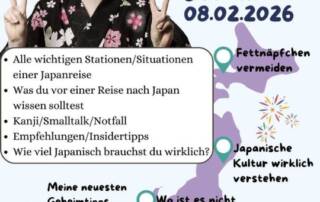 Am 08.02. von 9:30 bis 11:30 weiht dich Manu-sensei ein, wie du deine Japanreise auf's nächste Level bringen kannst, besonders wenn du Japan nicht wie der normale Durchschnittstourist erleben und verstehen willst.